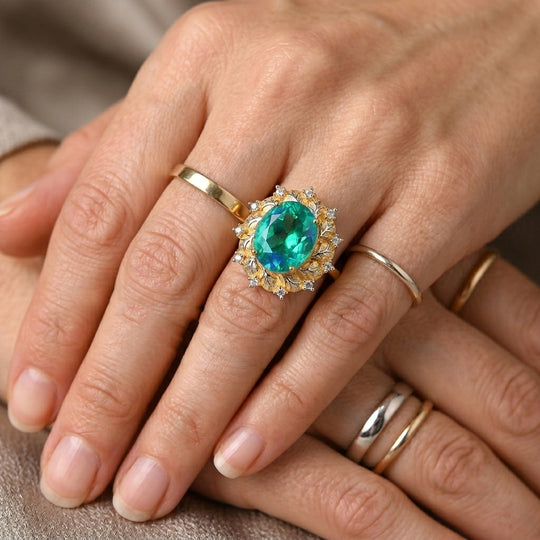 D'Joy Pfau Quarz Triplette, Weißer Zirkon Ring 925 Silber Rhodiniert und 750 Gelbgold Vermeil (Größe 17.00) ca. 5,43 ct