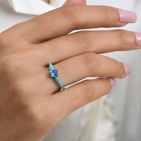 D'Joy Tansanit, Moissanit Ring 925 Silber Ion Blau Beschichtung (Größe 18.00) ca. 0,54 ct