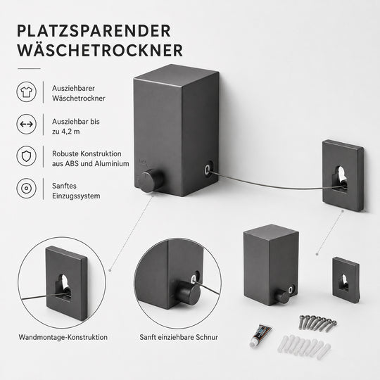 LIVMORE ausziehbare Wäscheleine zur Wandmontage, bis 4,2m, Grau