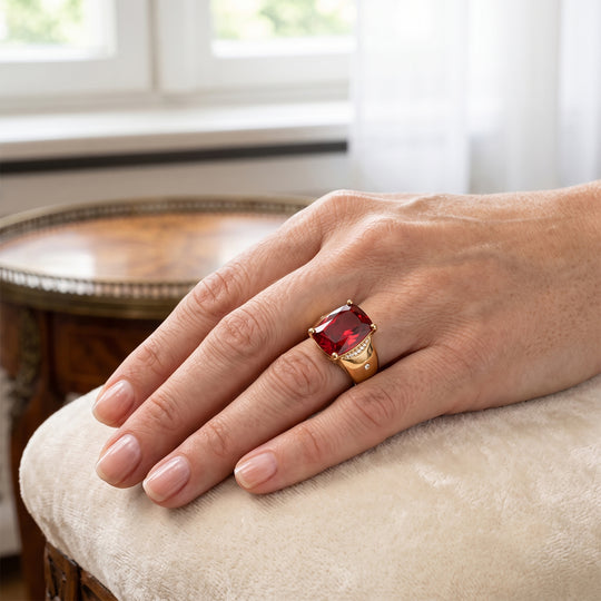 EverTrue Rubin Feuer Triplett Quarz und Zirkon Ring, 950 Kupfer mit Gelbgold E-Beschichtung - 7,28 ct.