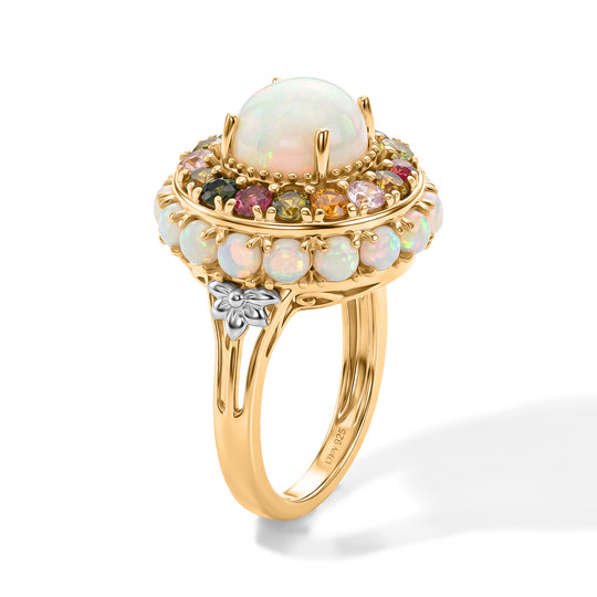 D'Joy AA Natürlicher, äthiopischer Welo Opal, Mehrfarbig-Turmalin Ring 925 Silber Rhodiniert und 750 Gelbgold Vermeil (Größe 21.00) ca. 4,40 ct