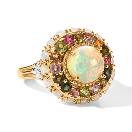 D'Joy AA Natürlicher, äthiopischer Welo Opal, Mehrfarbig-Turmalin Ring 925 Silber Rhodiniert und 750 Gelbgold Vermeil (Größe 21.00) ca. 4,40 ct
