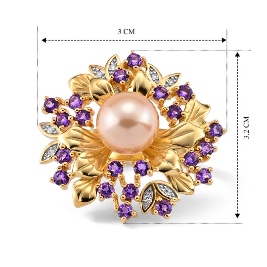 D'Joy Pfirsich Edison Perle, afrikanischer Amethyst und Moissanit Ring, 925 Silber vergoldet
