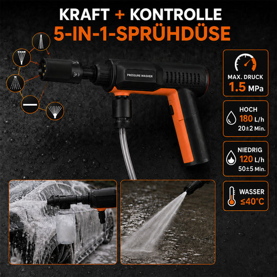 Akku-Druckreiniger P268 mit klappbarem Griff und 5-in-1-Düse, bis 15 bar, 19,35x17,12x6,3cm, Schwarz