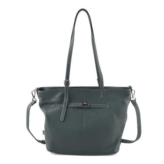 LA MAREY Echtleder-Shopper mit Reißverschlussfächern, 30 x 13 x 27 cm, Dunkelgrün