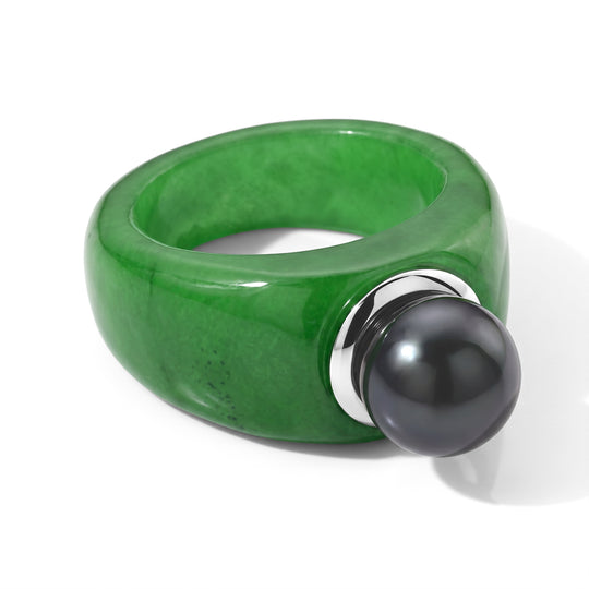 D'Joy gefärbter grüner Jade und 9-10mm Tahiti Perle Ring , 925 Silber rhodiniert