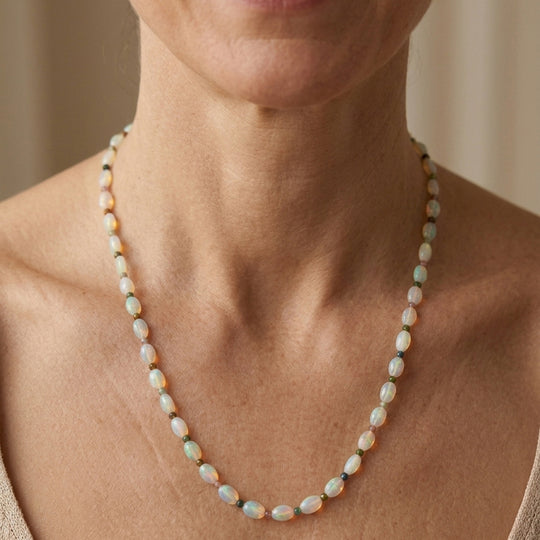 D'Joy AAA Natürlicher, äthiopischer Welo Opal, Mehrfarbige-Turmalin Halskette ca. 45 cm 925 Silber 750 Gelbgold vermeil ca. 44.00 ct