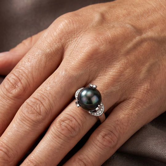 D'Joy Tahiti Perle (10-11mm) und Moissanit Ring, 925 Silber rhodiniert