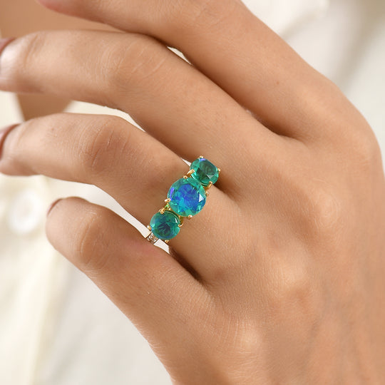 D'Joy Pfau Quarz Triplette Ring 925 Silber 750 Vergoldet (Größe 19.00) ca. 5,85 ct