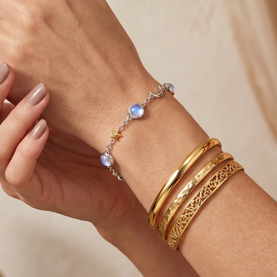 D'Joy Regenbogen Mondstein Armband ca. 20 cm 925 Silber Rhodiniert ca. 4,91 ct.