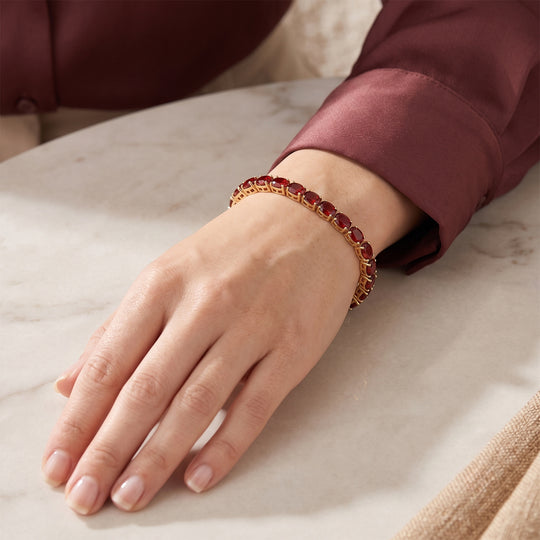 D'Joy Rubin Feuer Triplett Quarz und Diamant 19cm Armband, 925 Silber 750 Gelbgold Vermeil - 25,44 ct.