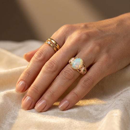 GP Italienischer Garten Kollektion - AA Natürlicher, äthiopischer Welo Opal, Natürlicher Chromdiopsid Ring Mit Pinker Emaille 925 Silber 750 Gelbgold vermeil (Größe 19.00) ca. 3.05 ct