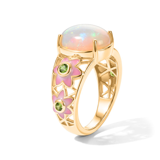 GP Italienischer Garten Kollektion - AA Natürlicher, äthiopischer Welo Opal, Natürlicher Chromdiopsid Ring Mit Pinker Emaille 925 Silber 750 Gelbgold vermeil (Größe 19.00) ca. 3.05 ct