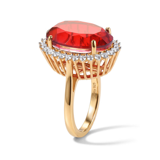 D'Joy Rubin Feuer Triplett Quarz und Zirkon Ring, 925 Silber 750 Gelbgold Vermeil - 37,60 ct.