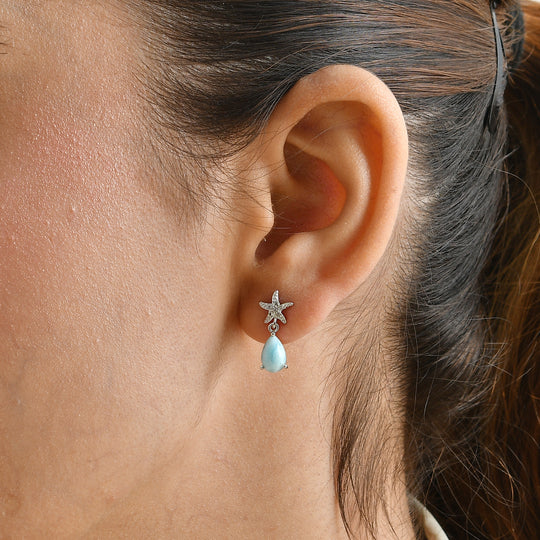 EVER TRUE AA Larimar, Weißer Zirkon Ohrringe Reine Bronze ca. 2,23 ct.
