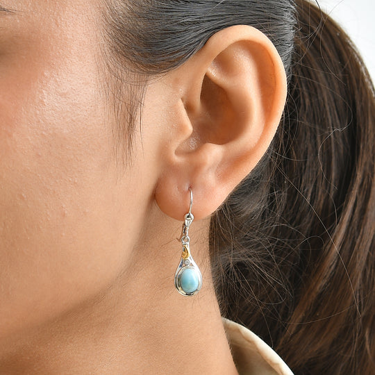 D'Joy AAA Larimar, Weißer Diamant Ohrringe 925 Silber Rhodiniert und 750 Gelbgold Vermeil ca. 3.04 ct