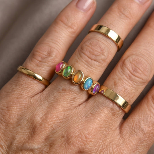 D'Joy AA natürlicher, mehrfarbiger Welo Opal Half Eternity Ring, 925 Silber 750 Gelbgold Vermeil - 0,80 ct.
