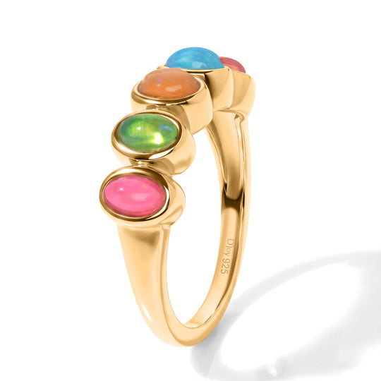 D'Joy AA natürlicher, mehrfarbiger Welo Opal Half Eternity Ring, 925 Silber 750 Gelbgold Vermeil - 0,80 ct.