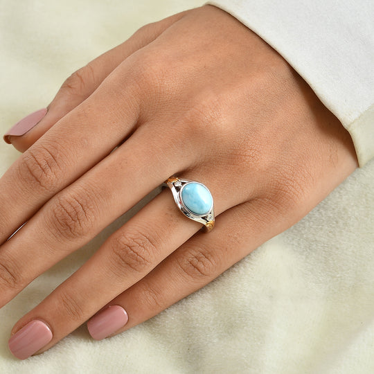 D'Joy AAA Larimar, Weißer Diamant Ring 925 Silber Rhodiniert und 750 Gelbgold Vermeil (Größe 21.00) ca. 3,36 ct