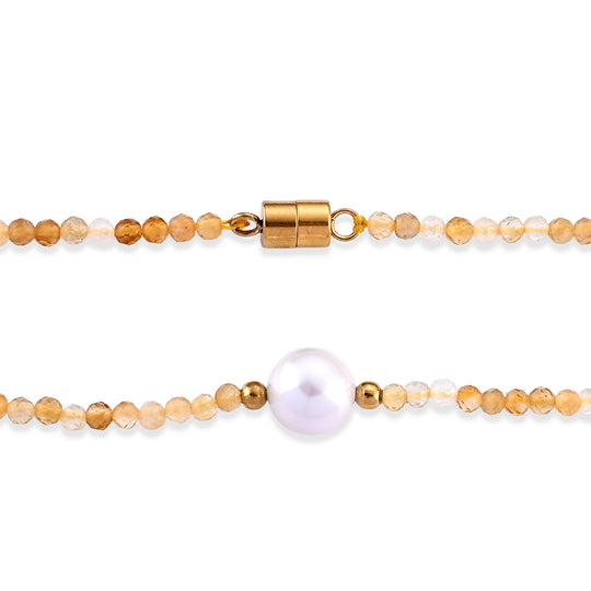 Weiße Edison Perle (7-10mm), Citrin, Halskette ca. 50 cm 316L Edelstahl Goldton 30.01 ct
