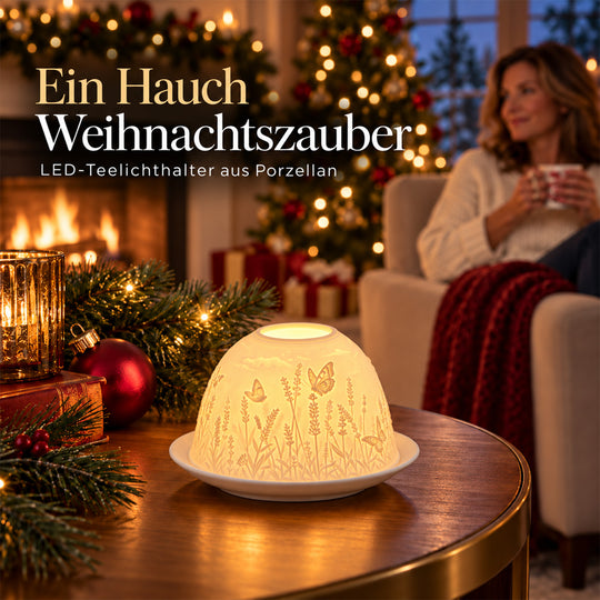 LED-Teelichthalter aus unglasiertem Porzellan mit Löwenmotiv und Fernbedienung, 10,5 x 7,5 cm, Weiß