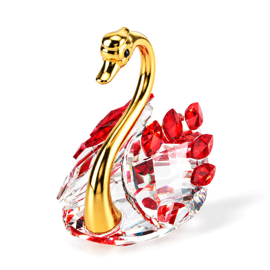 LIVMORE Deko-Schwan aus Metall und Kristallglas mit beweglichen Kristallsteinen, 5 x 6 cm, Goldfarben/Rot