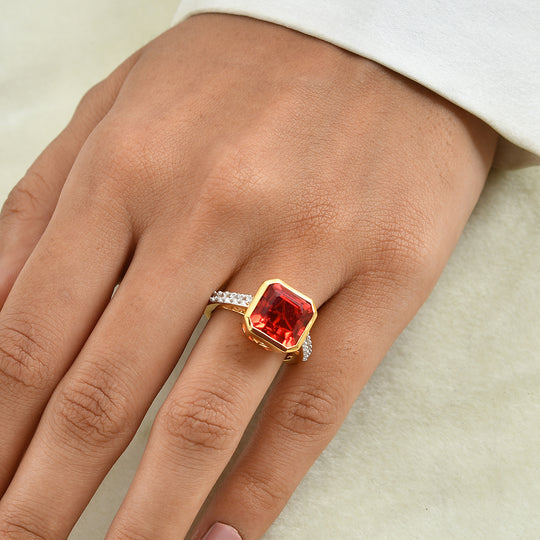 D'Joy Rubin Feuer Triplett Quarz und Zirkon Ring, 925 Silber 750 vergoldet - 5,80 ct.