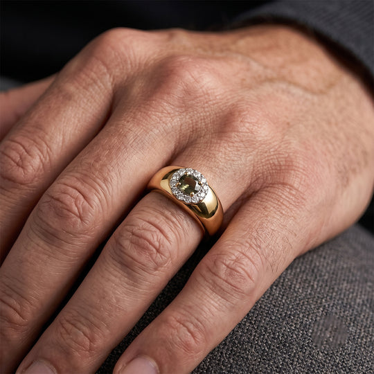 D'Joy natürlicher Parti Saphir und Zirkon Halo Herrenring, 925 Silber 750 Gelbgold Vermeil - 0,70 ct.