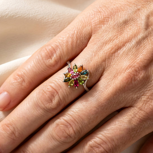 D'Joy AA Multi-Turmalin floraler Ring, 925 Silber rhodiniert - 0,86 ct.