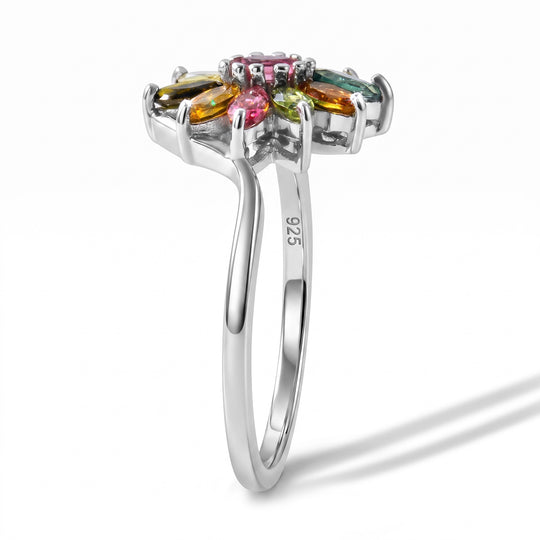 D'Joy AA Multi-Turmalin floraler Ring, 925 Silber rhodiniert - 0,86 ct.