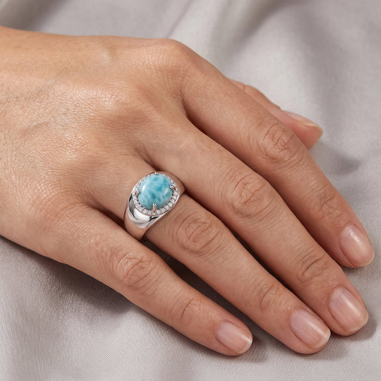 D'Joy AAA Larimar, Weißer Zirkon Ring 925 Silber Platiniert (Größe 19.00) ca. 2,60 ct