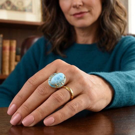 D'Joy 11,44 ct. AAA Larimar emaillierter Ring, 925 Silber 750 Gelbgold Vermeil