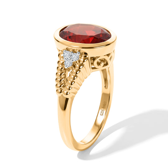 D'Joy Rubin Feuer Triplett Quarz und Zirkon Ring, 925 Silber 750 Gelbgold Vermeil - 4,03 ct.