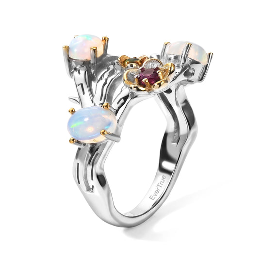 EverTrue AA natürlicher, äthiopischer Welo Opal, Rhodolith Granat und Chromdiopsid Ring, Bronze mit Platin E-Beschichtung - 0,38 ct.