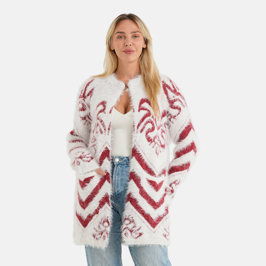 LA MAREY Damen-Cardigan mit Wintermuster und 2 Taschen, 78 cm Länge, Weiß-Rot