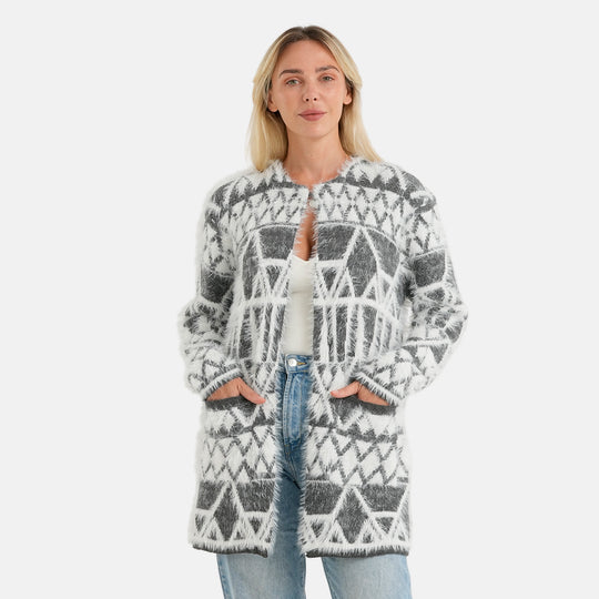 LA MAREY Damen-Cardigan mit Wintermuster und 2 Taschen, 78 cm Länge, Weiß-Rot