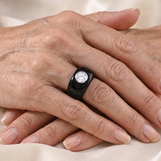 D'Joy natürlicher schwarzer Jade und Moissanit Ring, 925 Silber rhodiniert - 31,87 ct.