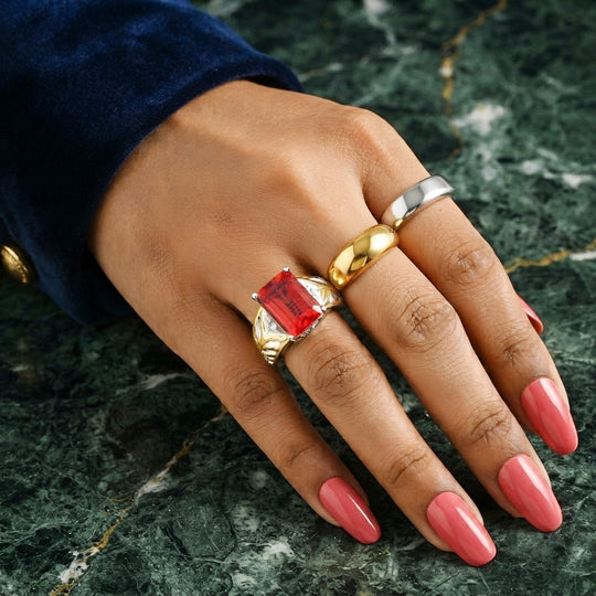 EverTrue Rubin Feuer Triplett Quarz und Zirkon Ring, 950 Kupfer mit Platin E-Beschichtung - 8,22 ct.