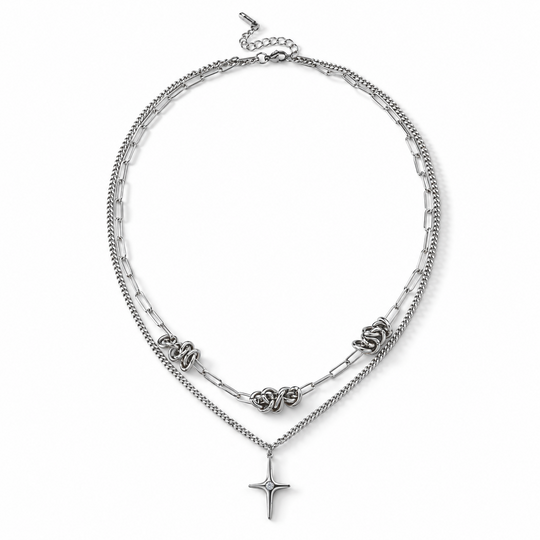 Zweireihige Halskette mit Kreuzanhänger und weißem Kristall, 316L-Edelstahl, ca. 52 cm, silberfarben 1.00 ct
