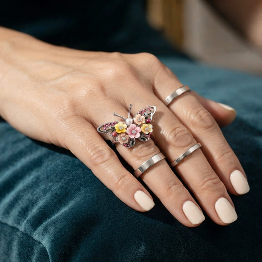 JARDIN KOLLEKTION D'Joy 8mm rosa Perlmutt, 6mm gelber Perlmutt, 3-4mm weißer Süßwasser Perle Ring, 925 Silber rhodiniert