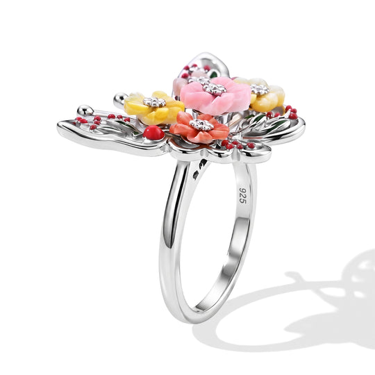 JARDIN KOLLEKTION D'Joy 8mm rosa Perlmutt, 6mm gelber Perlmutt, 3-4mm weißer Süßwasser Perle Ring, 925 Silber rhodiniert