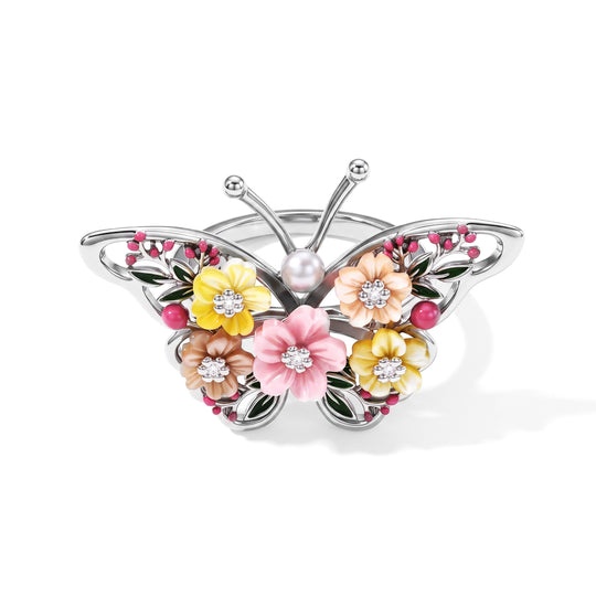 JARDIN KOLLEKTION D'Joy 8mm rosa Perlmutt, 6mm gelber Perlmutt, 3-4mm weißer Süßwasser Perle Ring, 925 Silber rhodiniert