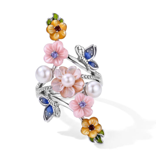 JARDIN KOLLEKTION D'Joy Gelbes Perlmutt (6 mm), Weiße Süßwasser Perle (4-4.5mm) Ring 925 Silber Rhodiniert (Größe 16.00) 0.14 ct