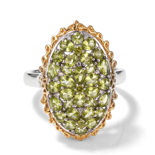 D'Joy Peridot Arizona und Zirkon Ring, 925 Silber rhodiniert und 750 Gelbgold Vermeil - 5,60 ct.