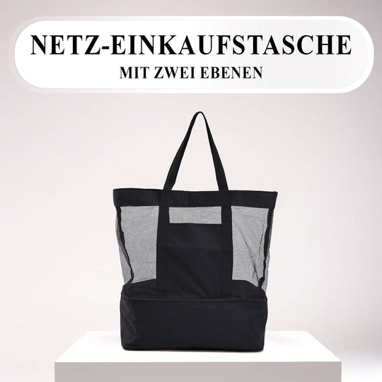 Zweistöckige Netz-Einkaufstasche mit Kühlfach, 37x15x42cm, schwarz