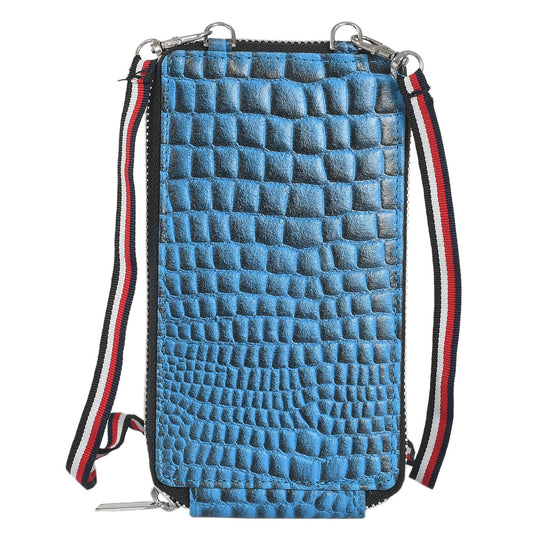 100% echte Leder Crossbody Handy-Geldbörse mit RFID Schutz und Krokoprägung, Blau