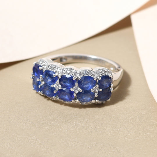 Masoala Saphir (Fissure gefüllt) und weißer Zirkon-Ring, 925 Silber platiniert (Größe 16.00) ca. 3.30 ct