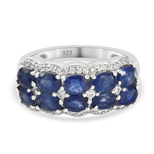Masoala Saphir (Fissure gefüllt) und weißer Zirkon-Ring, 925 Silber platiniert (Größe 16.00) ca. 3.30 ct