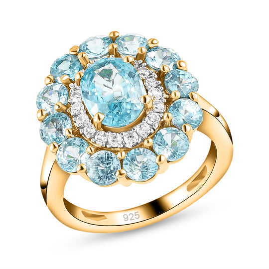 Kambodschanischer, blauer Zirkon-Ring, 925 Silber vergoldet ca. 5,79 ct
