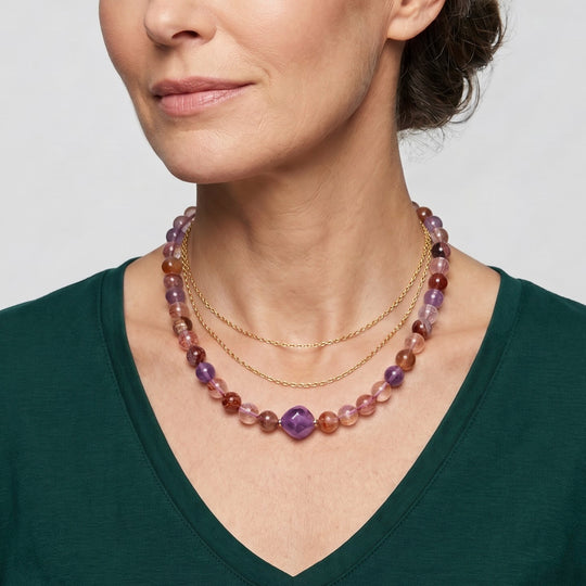 Afrikanische Amethyst und mehrfarbige Hämatoid Quarz 50cm Halskette, 316L Edelstahl und Legierung in Goldton - 445 ct.